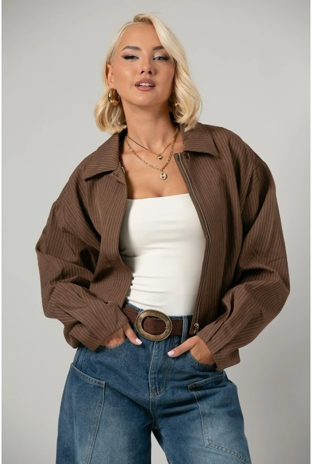 Jacket bomber ριγέ με φερμουάρ καφέ