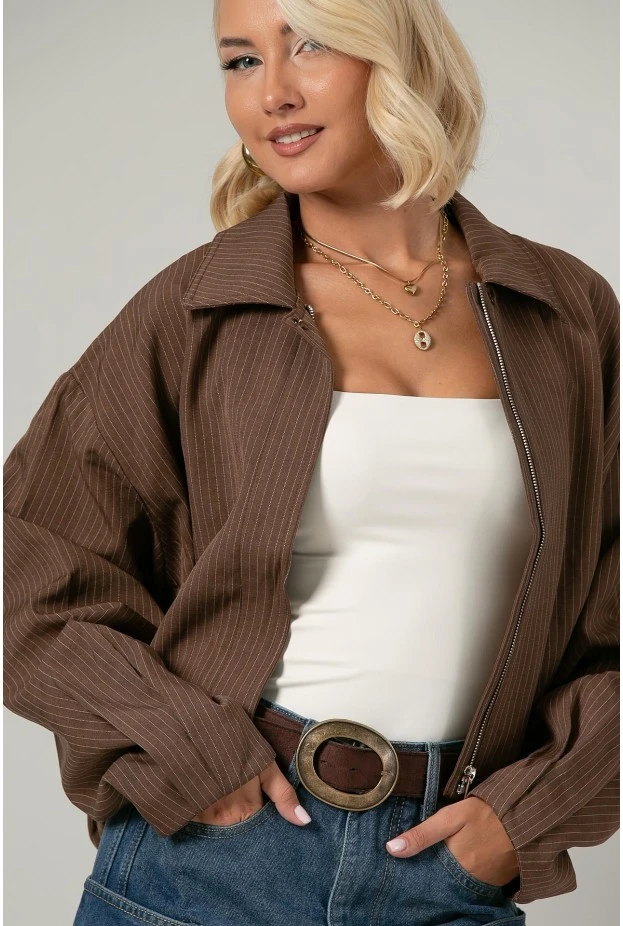 Jacket bomber ριγέ με φερμουάρ καφέ