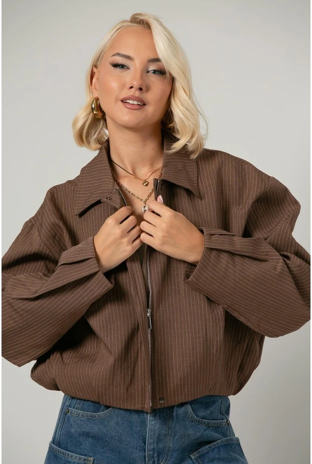 Jacket bomber ριγέ με φερμουάρ καφέ