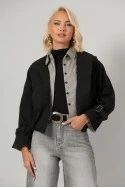 Cropped καπαρτίνα με ριγέ λεπτομέρειες και λάστιχο στη μέση μαύρο
