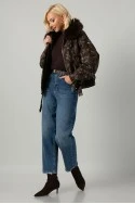 Jean jacket με print λαχούρι και γούνινη επένδυση καφέ
