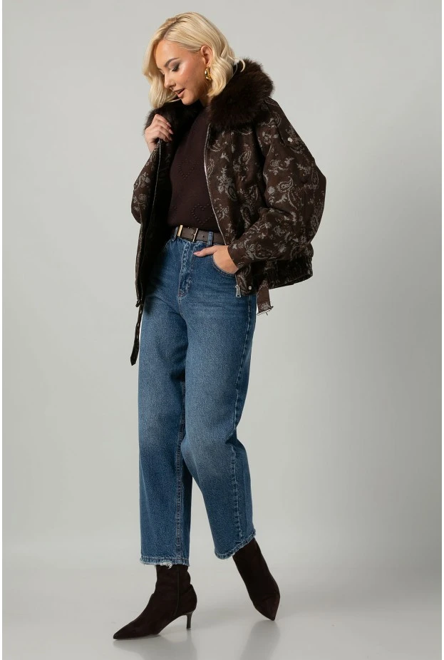 Jean jacket με print λαχούρι και γούνινη επένδυση καφέ