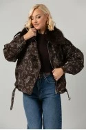 Jean jacket με print λαχούρι και γούνινη επένδυση καφέ