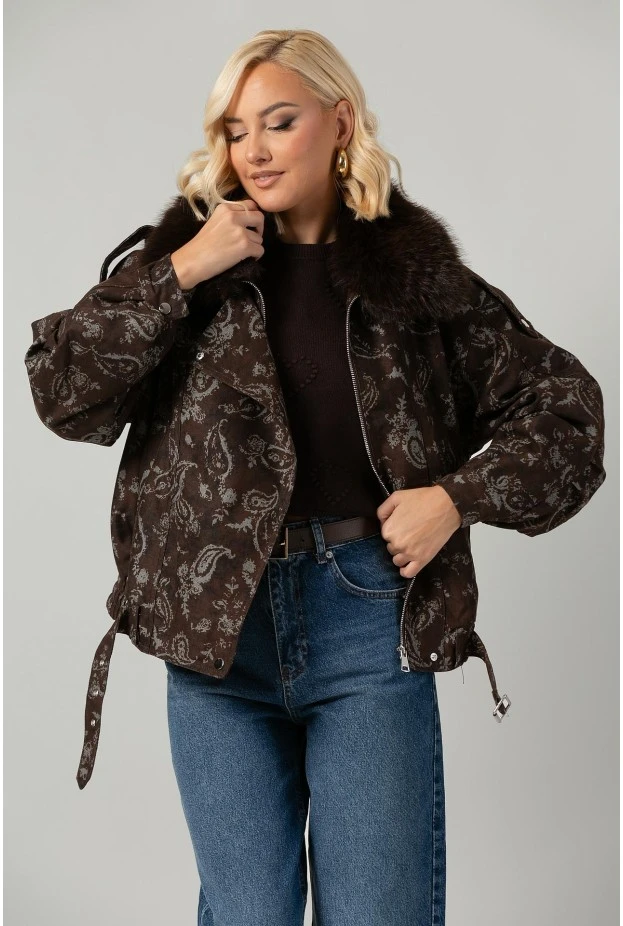 Jean jacket με print λαχούρι και γούνινη επένδυση καφέ