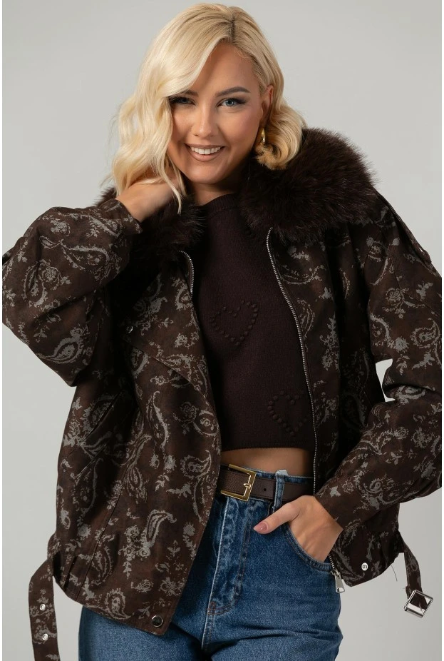 Jean jacket με print λαχούρι και γούνινη επένδυση καφέ