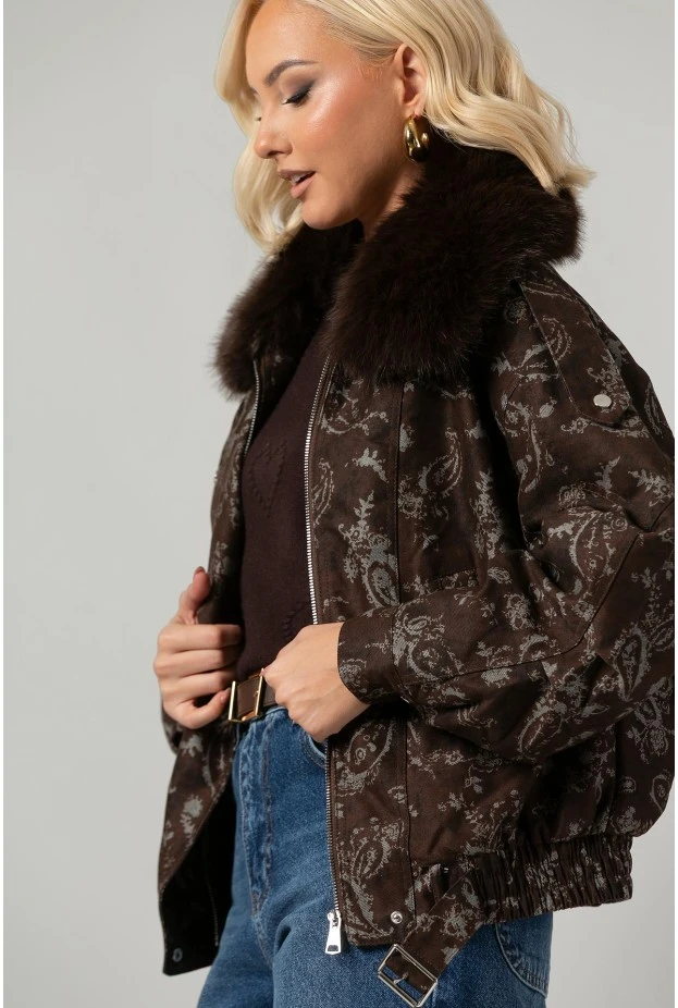 Jean jacket με print λαχούρι και γούνινη επένδυση καφέ