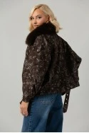 Jean jacket με print λαχούρι και γούνινη επένδυση καφέ