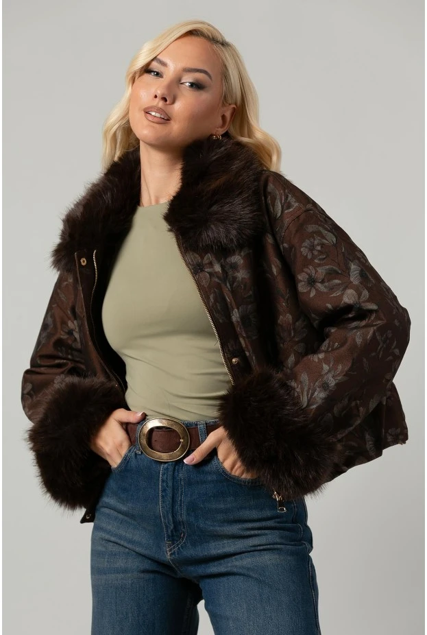 Jacket bomber floral με γούνινη επένδυση καφέ