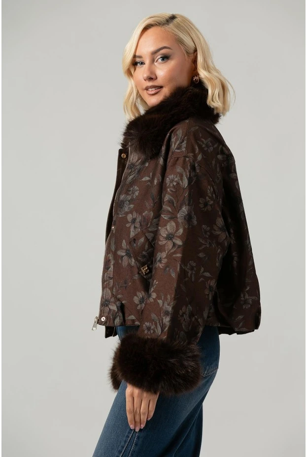 Jacket bomber floral με γούνινη επένδυση καφέ