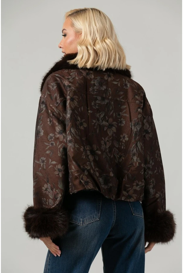 Jacket bomber floral με γούνινη επένδυση καφέ