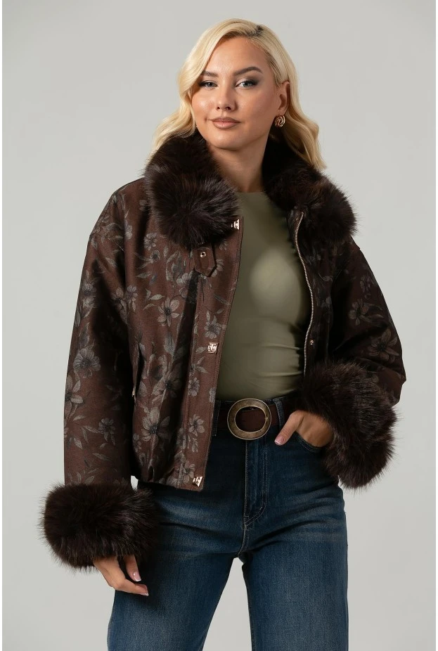 Jacket bomber floral με γούνινη επένδυση καφέ
