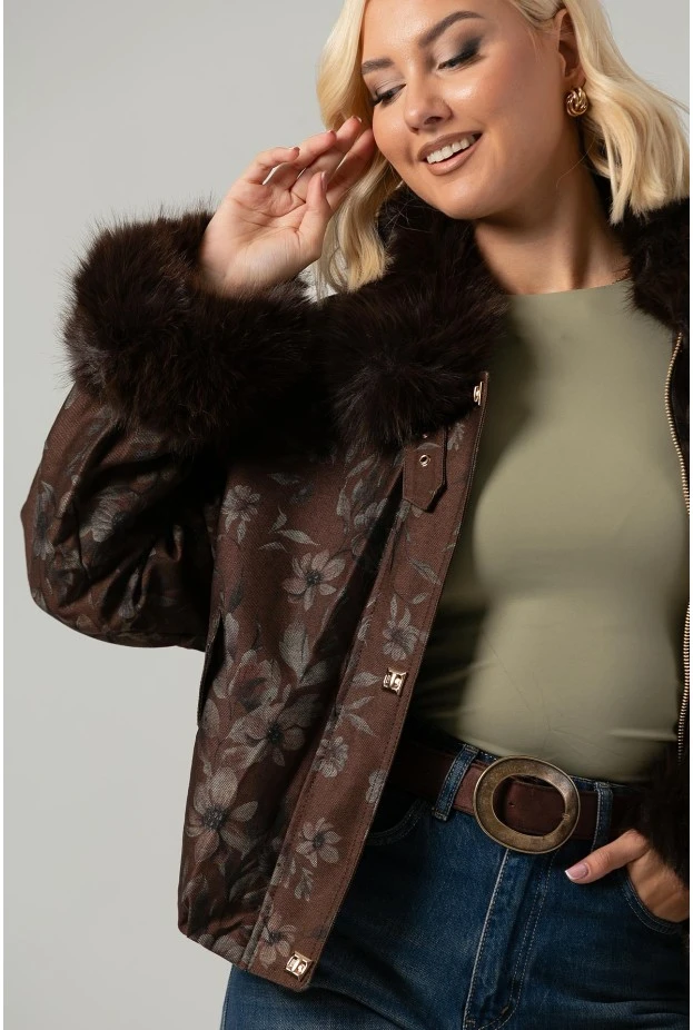 Jacket bomber floral με γούνινη επένδυση καφέ