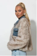 Γούνινο jacket με τζιν λεπτομέρειες και στρας στον γιακά μπεζ
