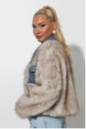 Γούνινο jacket με τζιν λεπτομέρειες και στρας στον γιακά μπεζ