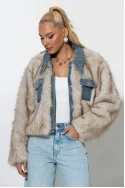 Γούνινο jacket με τζιν λεπτομέρειες και στρας στον γιακά μπεζ