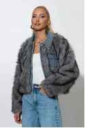 Γούνινο jacket με τζιν λεπτομέρειες και στρας στον γιακά γκρι