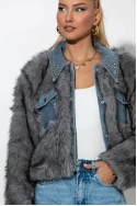 Γούνινο jacket με τζιν λεπτομέρειες και στρας στον γιακά γκρι