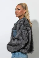 Γούνινο jacket με τζιν λεπτομέρειες και στρας στον γιακά γκρι