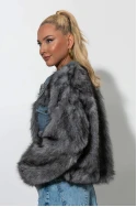 Γούνινο jacket με τζιν λεπτομέρειες και στρας στον γιακά γκρι