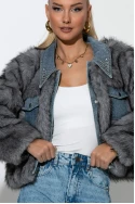 Γούνινο jacket με τζιν λεπτομέρειες και στρας στον γιακά γκρι