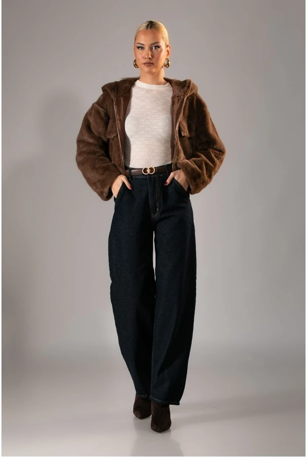 Γούνινο bomber jacket με κουκούλα καφέ 