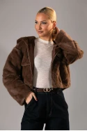 Γούνινο bomber jacket με κουκούλα καφέ 