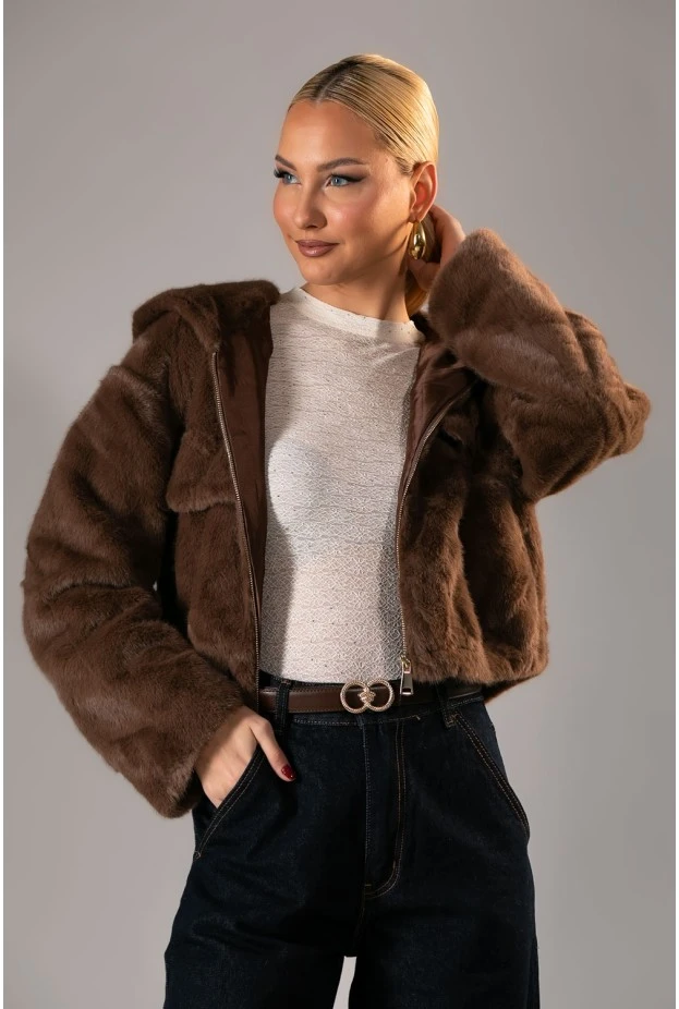 Γούνινο bomber jacket με κουκούλα καφέ 