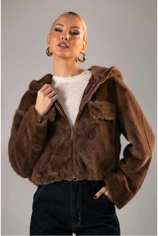 Γούνινο bomber jacket με κουκούλα καφέ 