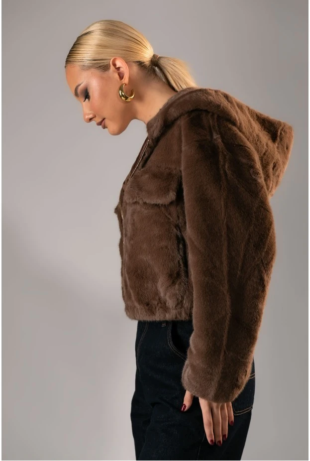 Γούνινο bomber jacket με κουκούλα καφέ 