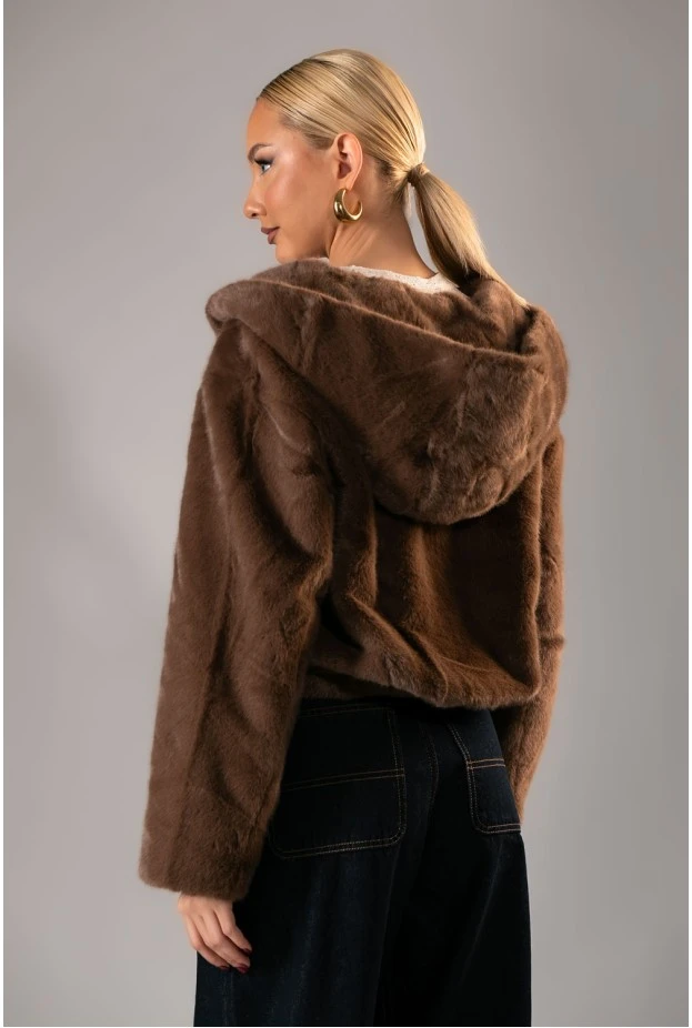 Γούνινο bomber jacket με κουκούλα καφέ 