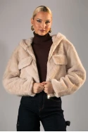 Γούνινο bomber jacket με κουκούλα μπεζ ανοιχτό