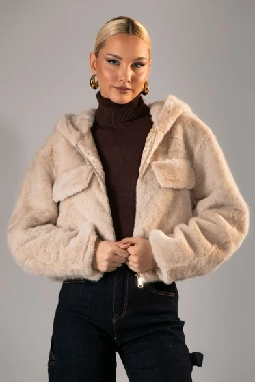 Γούνινο bomber jacket με κουκούλα μπεζ ανοιχτό