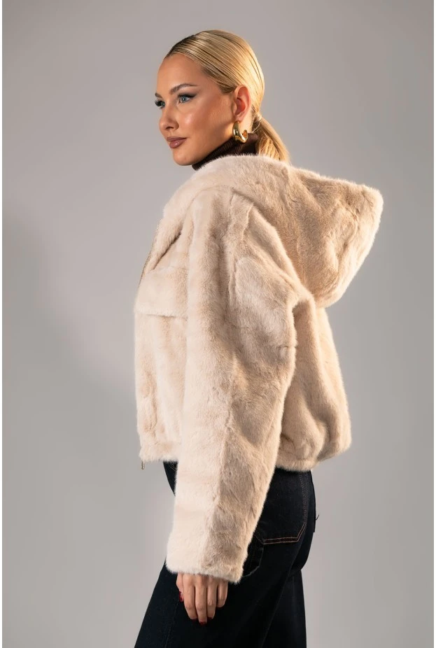 Γούνινο bomber jacket με κουκούλα μπεζ ανοιχτό