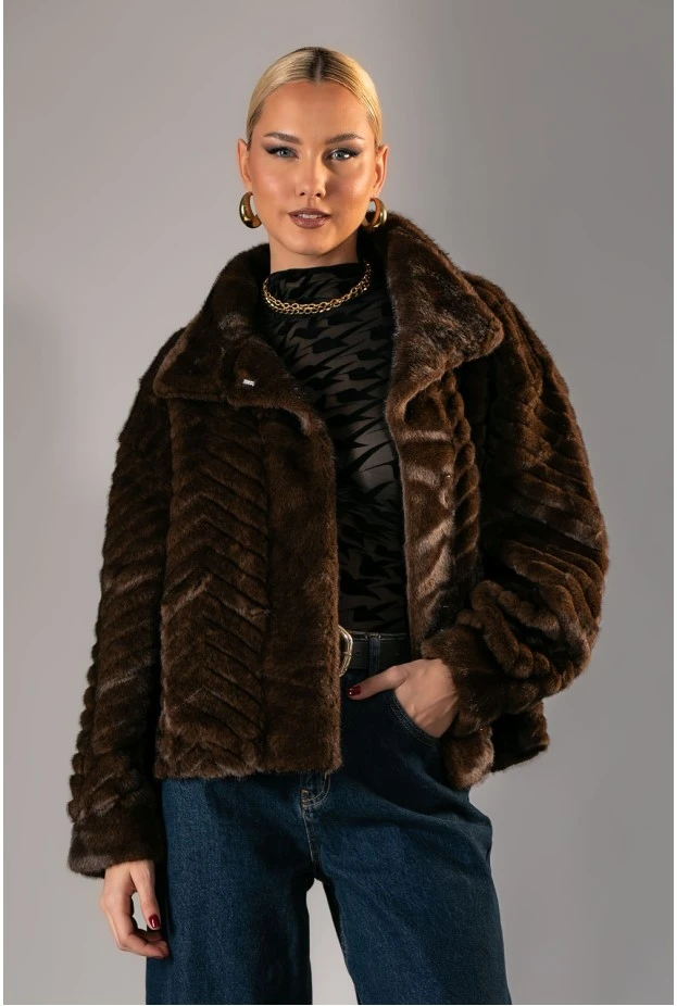 Γούνινο jacket με εφέ καφέ