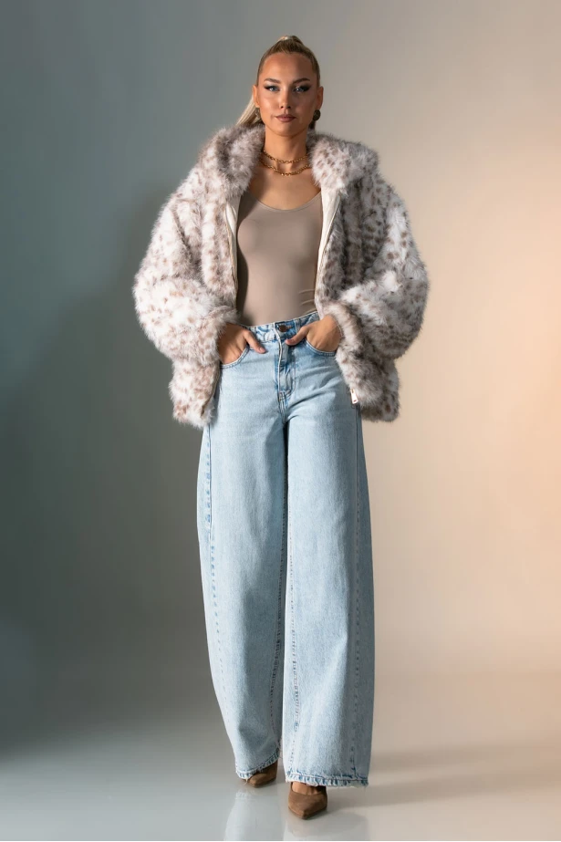 Γούνινο jacket λεοπάρ με κουκούλα μπεζ ανοιχτό