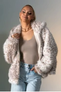 Γούνινο jacket λεοπάρ με κουκούλα μπεζ ανοιχτό