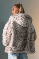 Γούνινο jacket λεοπάρ με κουκούλα μπεζ ανοιχτό