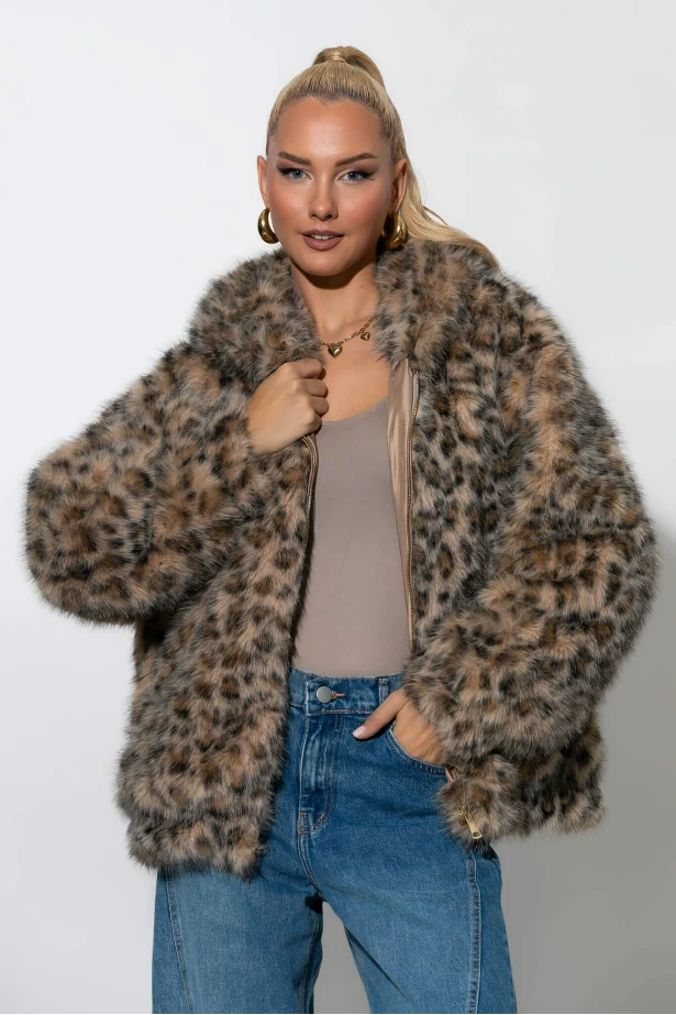 Γούνινο jacket λεοπάρ με κουκούλα μπεζ 