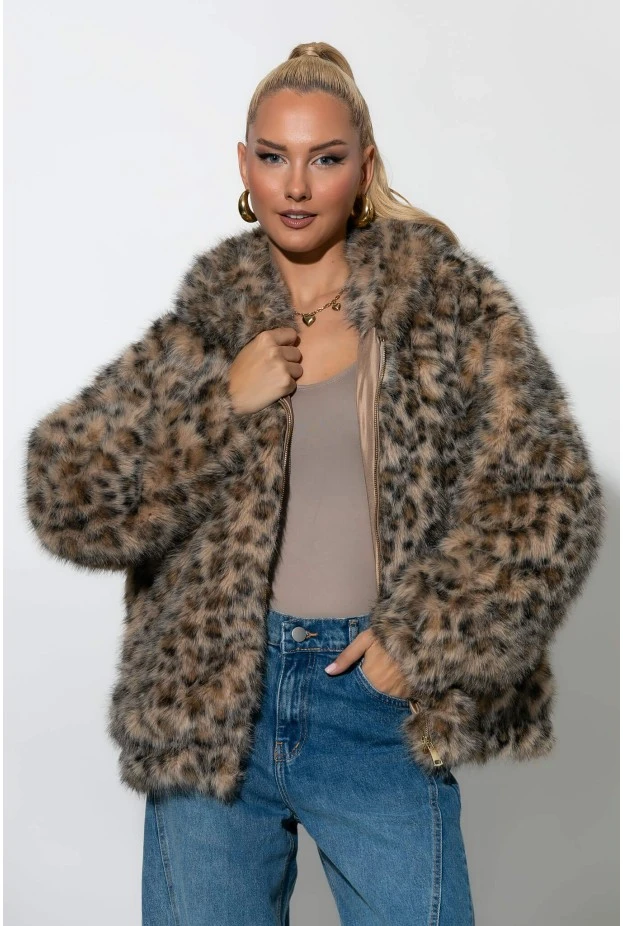 Γούνινο jacket λεοπάρ με κουκούλα μπεζ 