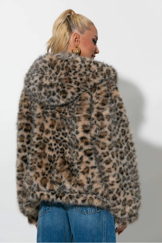 Γούνινο jacket λεοπάρ με κουκούλα μπεζ 