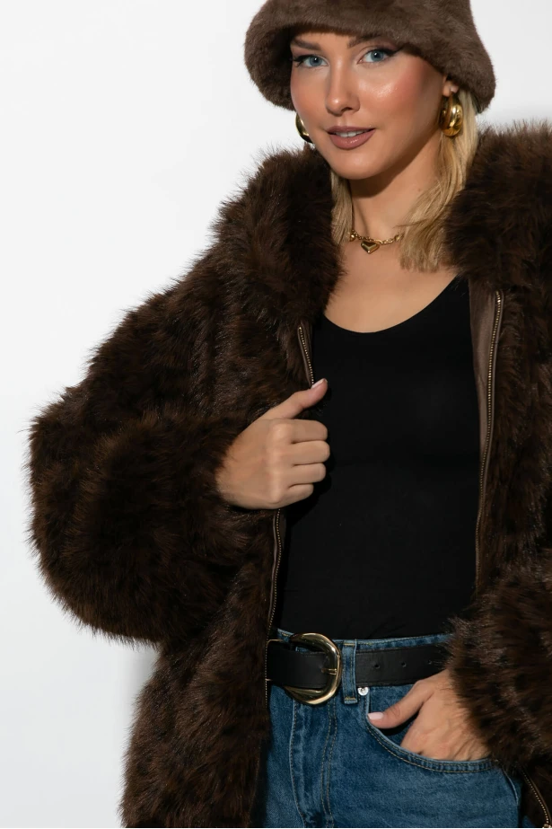 Γούνινο jacket λεοπάρ με κουκούλα καφέ