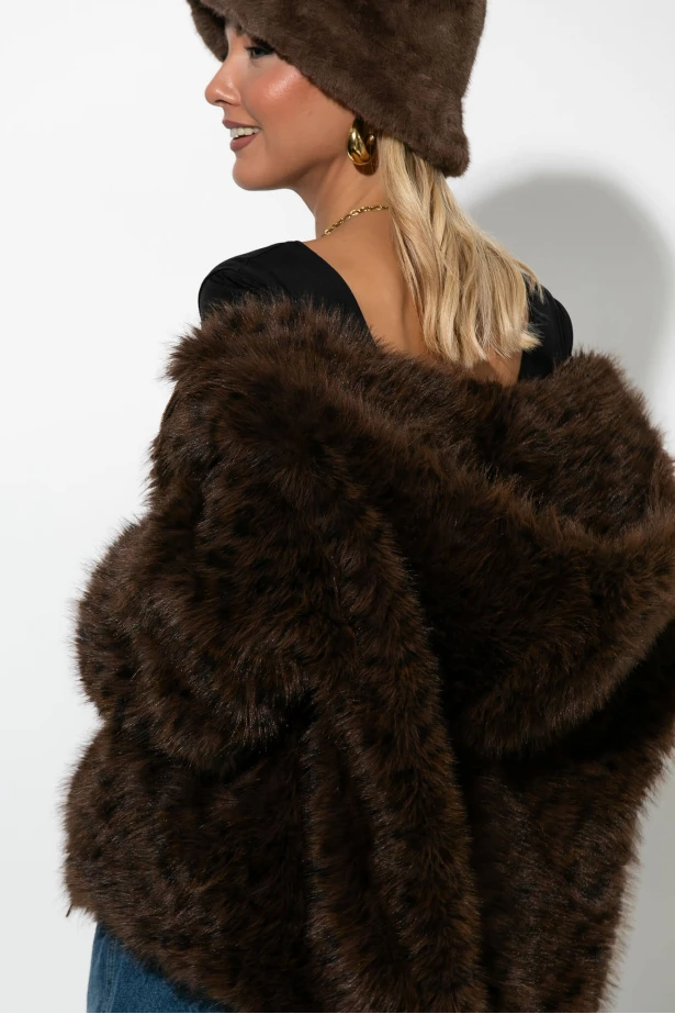 Γούνινο jacket λεοπάρ με κουκούλα καφέ