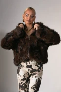 Γούνινο jacket με φερμουάρ και κουκούλα καφέ σκούρο
