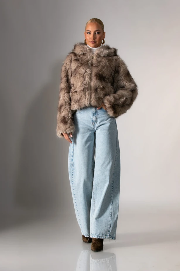 Γούνινο jacket με φερμουάρ και κουκούλα καφέ 