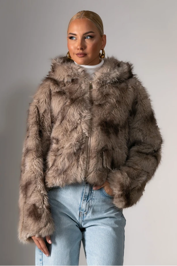 Γούνινο jacket με φερμουάρ και κουκούλα καφέ 