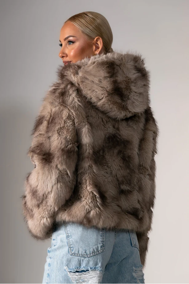 Γούνινο jacket με φερμουάρ και κουκούλα καφέ 