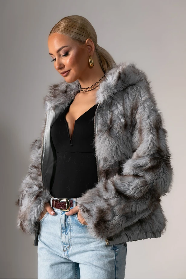 Γούνινο jacket με φερμουάρ και κουκούλα γκρι