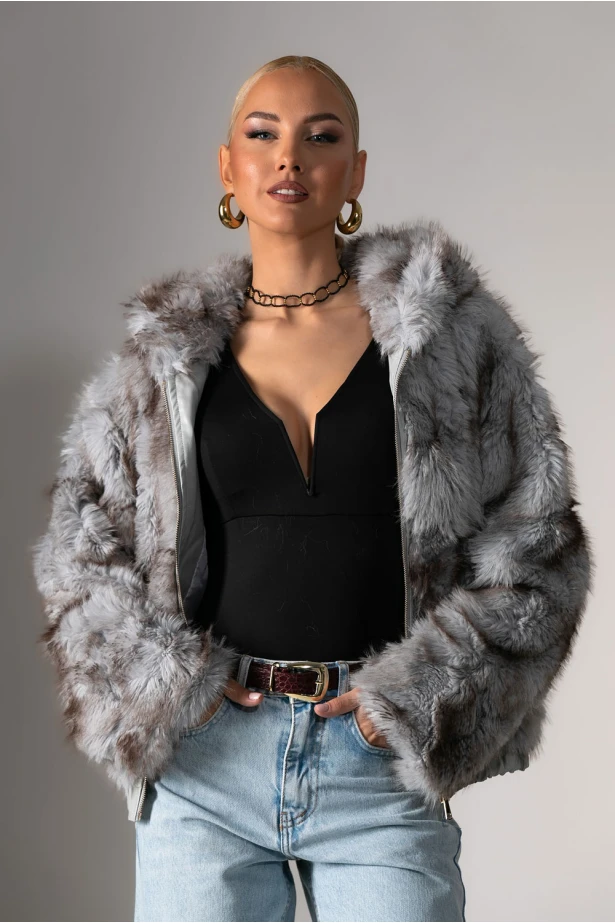 Γούνινο jacket με φερμουάρ και κουκούλα γκρι