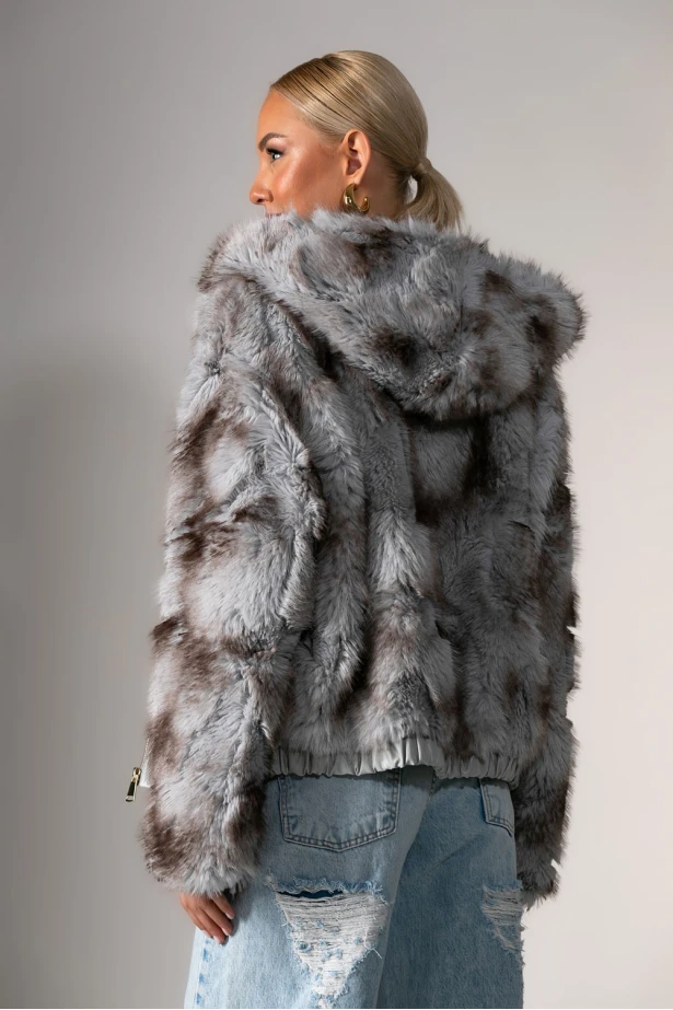 Γούνινο jacket με φερμουάρ και κουκούλα γκρι