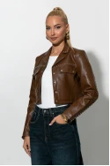 Cropped leather jacket με τρουκς καφέ